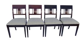 Rosewood Side Chairs - Set of 4.                                   Details:  Four Rosewood side chairs with contemporary style splats. The four rosewood chairs in a natural lacquered finish accentuate the beautiful color of the wood, although two of the chairs appear more reddish and two are a bit darker. Upholstered in a woven silk cotton blend  fabric in an off white, teal, olive and avocado green color scheme. Fabric swatch available. Purchased from Susanne Hollis in Los Angeles.
Dimensions: Chairs=19.75"w x 22"d x 35 3/8"h Seat= 19.75"w x 18.75"d 
Condition: Chairs have a few minor chips on the legs. One of the seats has a slight "pull" in the fabric.
