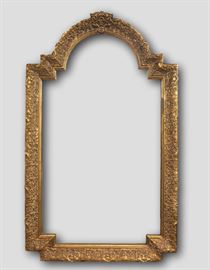 Baroque Arched Mirror                                                     Details: Large baroque style rectangular wood mirror featuring a geometrically arched crest and an
intricate floral scroll motif on the frame with deep bevelled sides. Backed with board. Ready to hang!
Dimensions: 32”w x 1.75”d x 52.75”h (36lbs)
