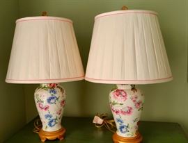 Pair of Floral Urn lamps with custom silk shades 