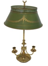 3 Arm Brass Louis XVI Bouillotte Lamp with Green Tole Shade.                                                                                                   Dimensions: 24"h x 14"w  shade x 6.5" base.
