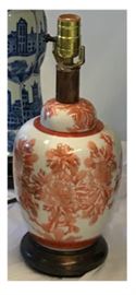 Small Porcelain Peony Ginger Jar Lamp in orange & white