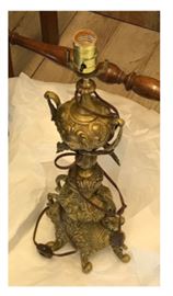 Antique Cast Brass Lamp with Dual Bird Finial Brass & Porcelain Figural bird on branches Lamp