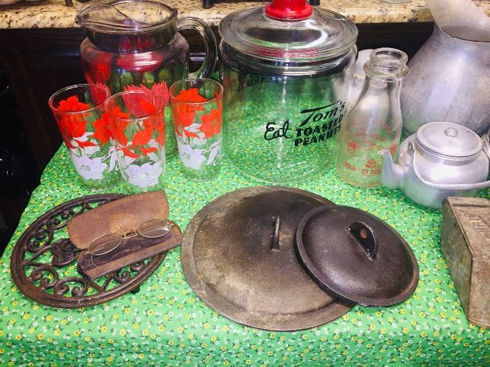 old Tom peanut jar, vintage glasses, aluminum ware