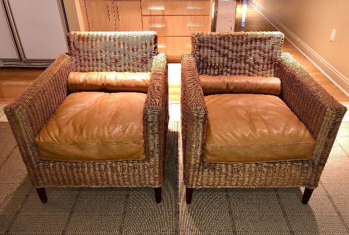Neat Wicker Chairs with Leather Cushions and back roll pillow