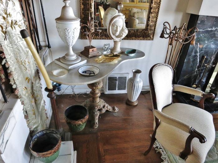 Mid-Century Kidney-Shape Marble Top on a Cast Victorian Base; Mid-Century Marble Mother & Child, Large Blanc de Chene Urn Lamp; Three Green & Brown Art Deco Planters;  etc.