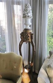 Tall Antique Gilt Wood Pedestal w/ Blanc de Chene Topiary Vase