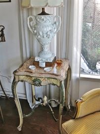 Distressed Hand-Painted Italian Side Table w/ Inset Marble Top; Large Blanc de Chene Leaf Urn Lamp w/ Handles