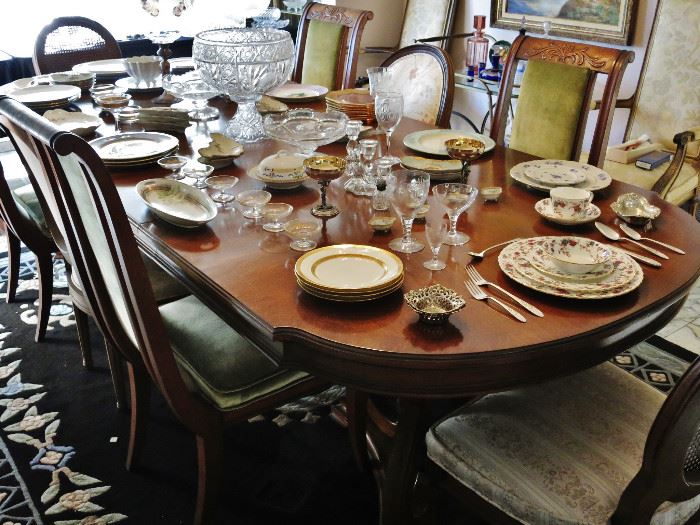 Formal Walnut Dining Table w/ 2 Leaves; 4 Antique Regency Side Chairs; LOTS of Fine China, Porcelain & Crystal