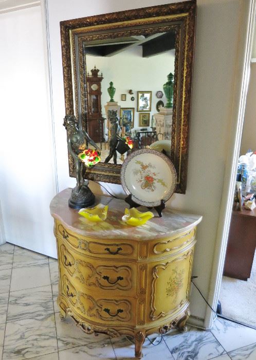 Vintage Hand-Painted Demilune Marble-Top Chest