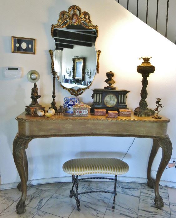 Antique Curved Console Table; Victorian Faux Onyx Mantel Clock; Graceful Antique Gilt Wood Beveled Mirror