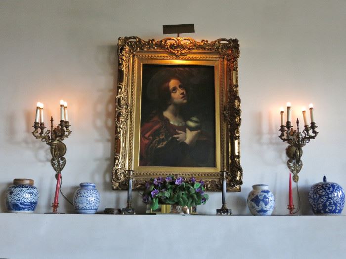 Beautiful 19th. C. Oil Painting of the Madonna w/ a pair of Vintage Gilt Wall Sconces