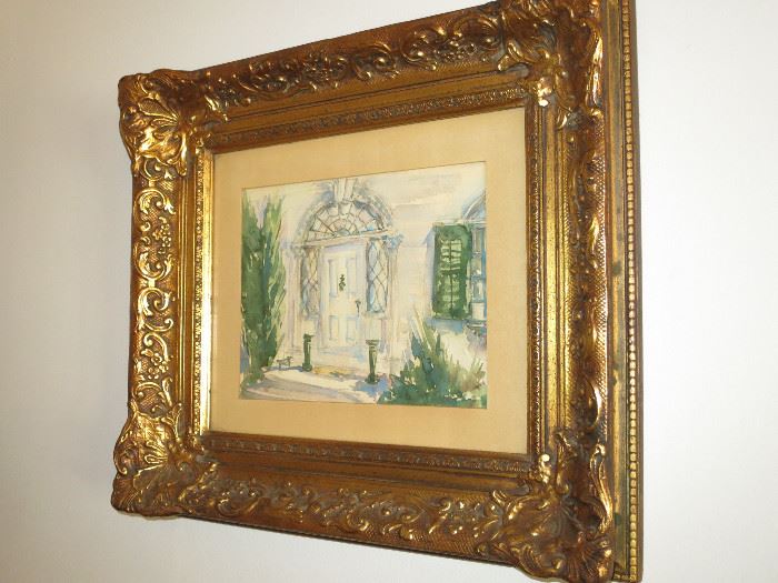 One of a Pair of 1950's Watercolors in Gilt Frames