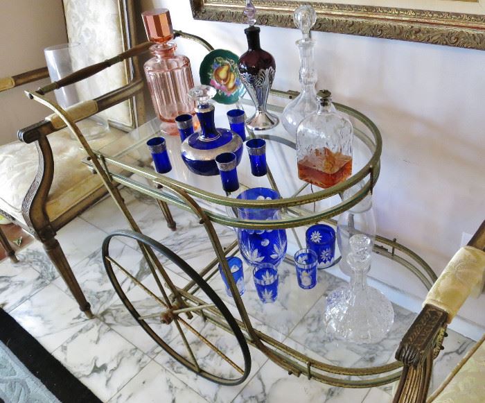 Cool Mid-Century Brass / Glass Bar Cart; Deco Pink Crystal Decanter; Deco Cobalt & Silver Decanter Set; Deco Purple Glass / Chrome Decanter; Antique Etched Decanter; Cobalt Cut Crystal Decanter Set