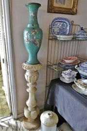 Tall Antique Enamel Vase w/ Mother-of-Pearl on an Antique Alabaster Pedestal