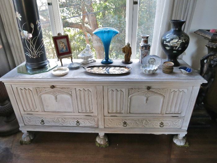 1920's Bleached Low Credenza; Tall Slender Inlaid Mother-of-Pearl Lamp; Wonderful Inlaid Mother-of-Pearl Dragon Vase