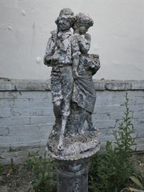 Antique Distressed Garden Statue of a Young Boy & Girl on a Pedestal