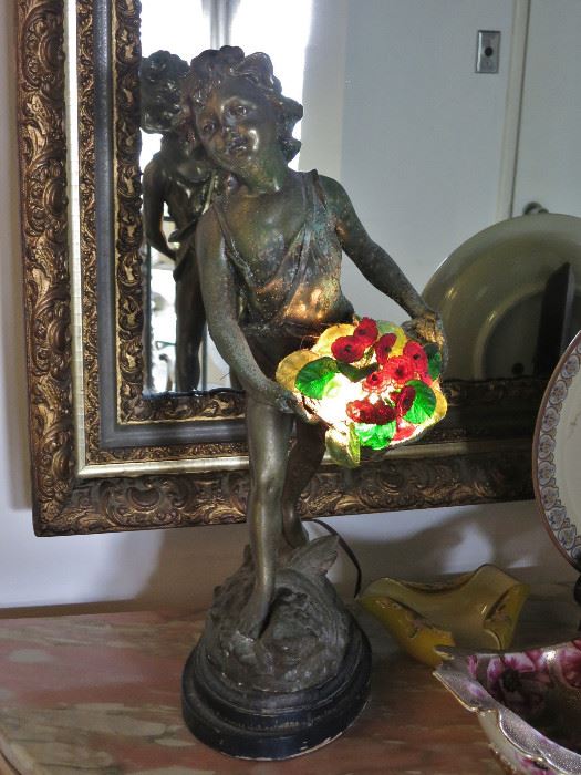 Victorian Spelter Waif with an Illuminated Flower Basket