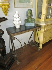 Antique Black Marble, Brass & Iron Console Table; Blanc De Chine Fruit Vase; Glazed Modernist Bust of a Woman (drilled)