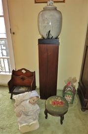 Monumental Mid-Century dutch Lidded Vase (drilled); Victorian Embroidered Footstool & Magazine Rack; Antique Baby Doll in a Crib