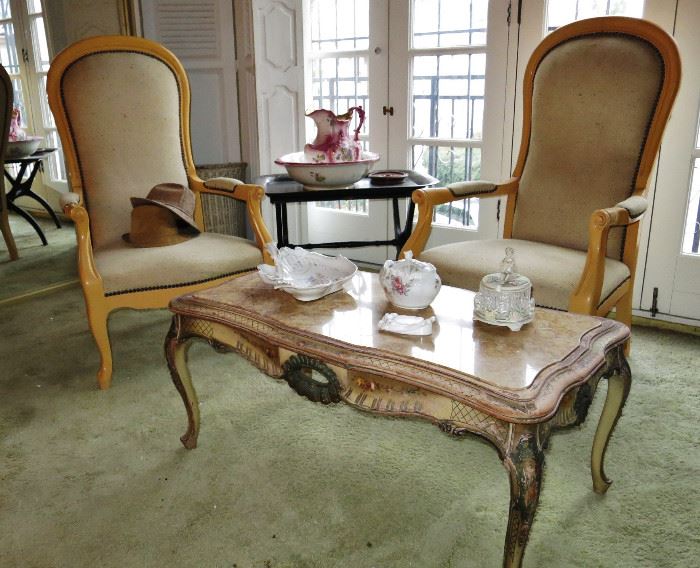 Distressed Italian Hand-Painted Coffee Table; Pair of Modern-Inspired Louis XV-Style Tall Armchairs