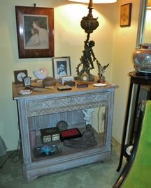 1960's Bleached American Empire-Style Console Table; Fine Victorian Cherubic Lamp; Victorian Mantle Clock