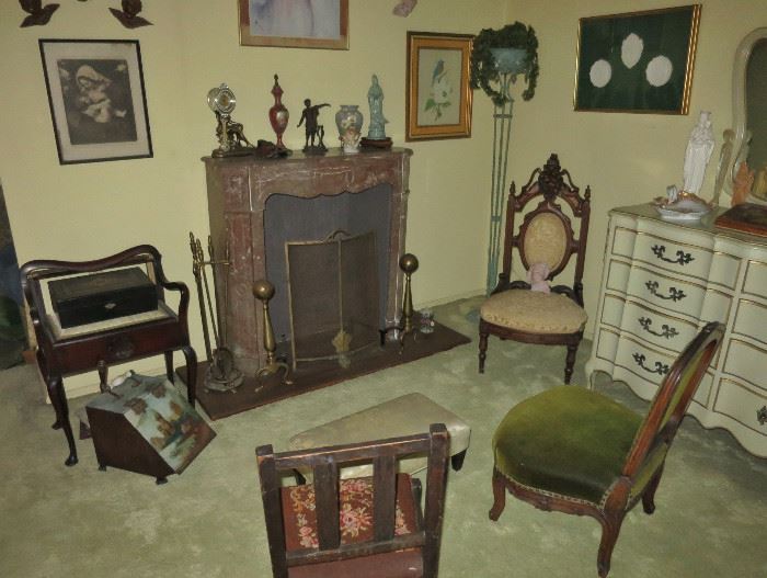 Free-Standing Vintage Marble Fireplace Surround; Four Victorian Chairs