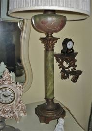 Victorian Green Marble Column Lamp w/ Glass Globe