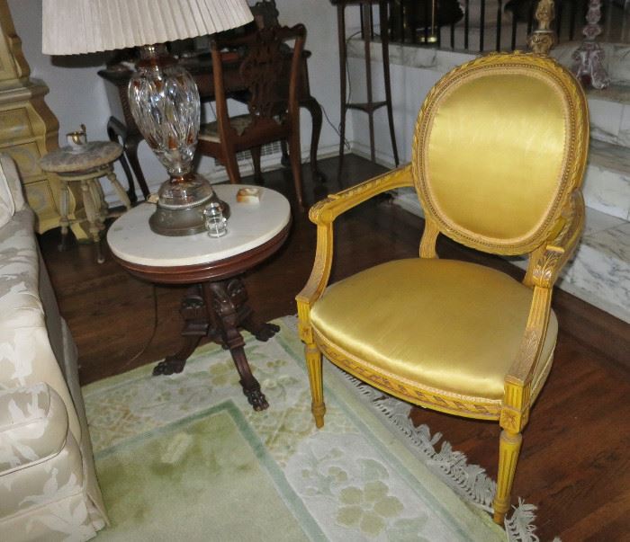 Lovely Louis XVI-Style Fauteuil w/ a Victorian Marble-Top Side Table on a Sculpted 1060's Chinese Rug