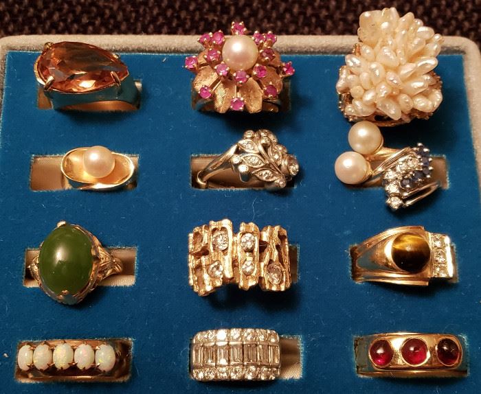Genuine Gold, Diamond, Pearl, Ruby, Citrine, Jade, Opal & Tiger Eye Rings this tray mostly Mid-Century