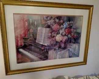 Framed print of a piano and flowers and hidden fairies