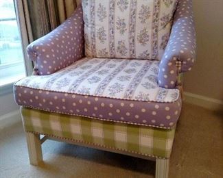 Upholstered armchair with multiple fabrics, really cute