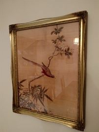 One of two Chinese paintings on silk, framed