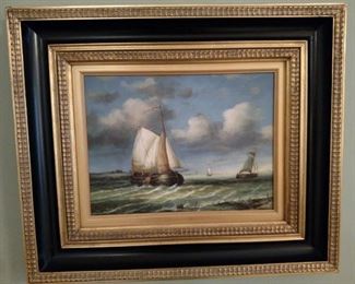 Unsigned framed oil painting depicting ship at sea