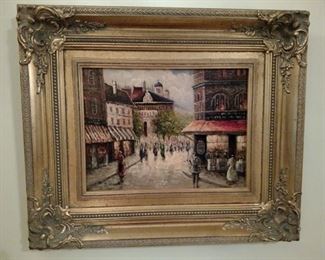 Framed oil painting on canvas depicting Paris street scene, signed lower left H. Wood