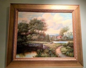 Unsigned framed oil painting on canvas depicting house by stream