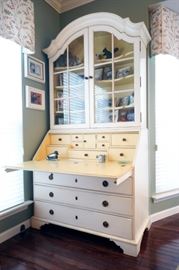 Vintage secretary with fitted drawers, two glass front doors and three long drawers, painted white by Somerset Bay