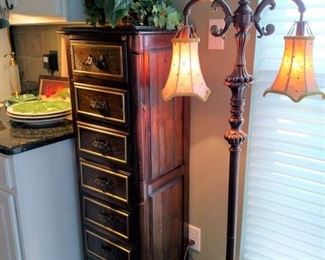 Painted tall flatware chest and a floor lamp