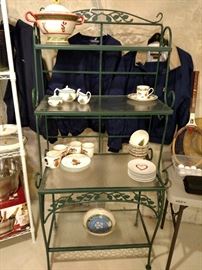 Metal baker's rack with glass shelves, Christopher Radko tureen, Spode Christmas , Nicholas Moose Ireland bowl