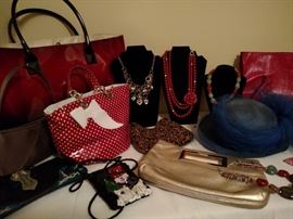 Ladies purse including red and white polka dot with bow by Roberta Gandolfi and gold handbag by Michael Kors and one Oovoo handbag together with costume jewelry
