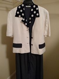 Louis Feraud navy polka dot dress with white linen jacket, size 14