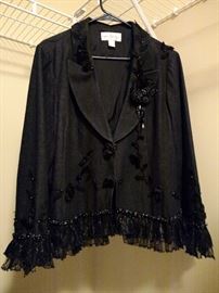 Dark blue jean jacket decorated with lace and buttons by Mary Francis, size XL