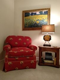 Shubert Design upholstered armchair and an oak side table 