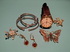 Set of three Alisa sterling and 18k cuff bracelets, 18k yellow gold and pearl pin,  ACI sterling butterfly pin,  14k yellow gold amber drop earrings,  Cyma men's wristwatch