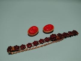 Vintage garnet gold filled bracelet and Chinese clip earrings