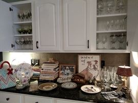 Kitchen cookbooks, glassware, etc.