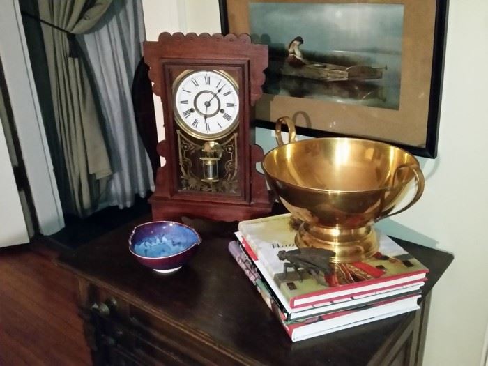 Antique gingerbread clock, vintage cast iron fly ashtray, and more