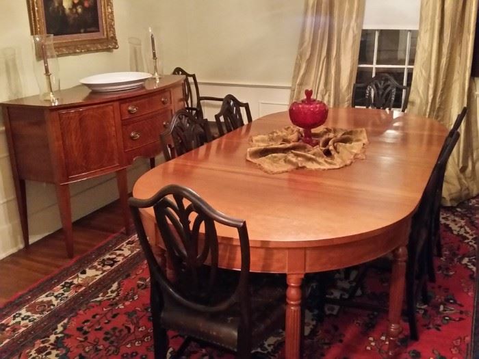 Owner had table, large sideboard, and small sideboard custom built by a master furniture craftsman in Nashville in 1964 . Copied from the 1800's Hepplewhite design. Beautiful cherry wood. 