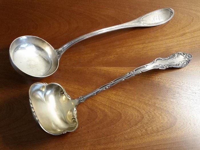 Wood & Hughes coin silver soup ladle (top) and Towle 'Old English' sterling silver soup ladle (bottom) with an old English 'J' monogram