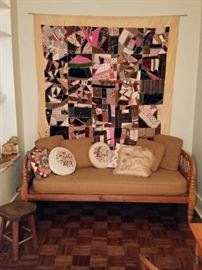 Handmade crazy quilt and spool style day bed