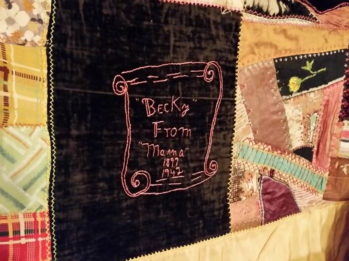 Names and dates on the crazy quilt